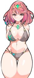 Rule 34 | 1girl, bikini, black bikini, breasts, chest jewel, commentary request, enpe, female focus, gem, highres, large breasts, looking at viewer, nintendo, pyra (xenoblade), red hair, simple background, smile, solo, super smash bros., swept bangs, swimsuit, tiara, two-tone swimsuit, white background, xenoblade chronicles (series), xenoblade chronicles 2