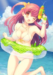 Rule 34 | 1girl, bad id, bad pixiv id, barefoot, beach, bikini, blush, bow, breasts, cleavage, day, hair bow, innertube, jewelry, kinoko (hkn), large breasts, long hair, necklace, ocean, one eye closed, open mouth, original, outdoors, red eyes, red hair, short twintails, side-tie bikini bottom, smile, solo, swim ring, swimsuit, thigh gap, twintails, two side up, water, water gun, wink