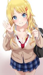 Rule 34 | 1girl, ahoge, alternate hairstyle, bag, blonde hair, blue eyes, blue skirt, blush, breasts, brown background, brown cardigan, cardigan, cleavage, collarbone, dars (recolors), dot nose, from above, gradient background, hachimiya meguru, hair ornament, hairclip, hand up, highres, holding strap, idolmaster, idolmaster shiny colors, large breasts, long hair, long sleeves, looking at viewer, necktie, open hand, open mouth, plaid, plaid skirt, pleated skirt, red necktie, school bag, school uniform, shirt, simple background, skirt, smile, solo, white shirt