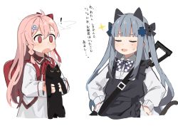 Rule 34 | !, 2girls, aged down, animal, animal ears, backpack, bag, black cat, blouse, blunt bangs, blush, bow, cat, cat ears, closed eyes, commentary request, cowboy shot, facial mark, fake animal ears, fake tail, girls&#039; frontline, hair between eyes, hair bow, hair ornament, hairclip, hexagram, highres, hk416 (black kitty&#039;s gift) (girls&#039; frontline), hk416 (girls&#039; frontline), holding, holding animal, holding cat, long hair, long sleeves, multiple girls, negev (girls&#039; frontline), negev (little drifter) (girls&#039; frontline), official alternate costume, open mouth, pink hair, red bow, red eyes, ribbon, shirt, silver hair, simple background, star of david, surprised, tail, teardrop, translation request, white background, white shirt, yuki hotaru