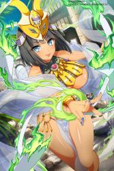 Rule 34 | 1girl, bandai, black hair, blue eyes, bracelet, breasts, collar, crown, curvy, dark-skinned female, dark skin, egyptian, egyptian clothes, female focus, gold, highres, huge breasts, jewelry, looking at viewer, magic, menace (queen&#039;s blade), nail polish, official art, pelvic curtain, queen&#039;s blade, queen&#039;s blade unlimited, revealing clothes, shiny skin, sky, smile, solo, underboob