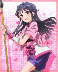Rule 34 | 10s, 1girl, armor, artist request, black hair, blue eyes, blush, half updo, heart, idolmaster, idolmaster million live!, japanese clothes, long hair, looking at viewer, mogami shizuka, official art, polearm, solo, spear, weapon