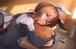 Rule 34 | 1girl, admire vega (umamusume), animal ears, blue sweater, blurry, brown hair, casual, clothing cutout, coffee mug, cup, cushion, depth of field, ear covers, from side, hair ribbon, highres, horse ears, horse girl, long hair, long sleeves, looking at viewer, low ponytail, mug, open mouth, purple eyes, ribbon, single ear cover, solo, sunny (20597521), sweater, tail, tail through clothes, umamusume, white ribbon