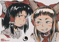 Rule 34 | 2girls, black hair, blunt bangs, bow, brown eyes, brown hair, brown horns, commentary request, dated, frilled bow, frilled hair tubes, frills, frown, grin, hair bow, hair tubes, hakurei reimu, horns, ibuki suika, kokechankokko, looking at another, medium bangs, multiple girls, portrait, red bow, short bangs, sidelocks, simple background, smile, touhou, v-shaped eyebrows, yin yang