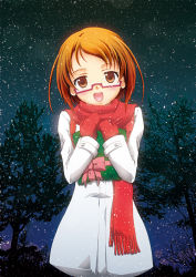 Rule 34 | 10s, 1girl, :d, brown eyes, brown hair, glasses, happy, looking at viewer, open mouth, pink-framed eyewear, precure, red scarf, ribbon, scarf, shirabe ako, short hair, sky, slowpit, smile, solo, star (sky), starry sky, suite precure, try (lsc)