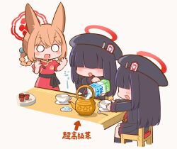 2girls :d animal_ears arrow_(symbol) beret black_hair black_hat black_serafuku black_shirt black_skirt blue_archive blush blush_stickers braid brown_hair chair china_dress chinese_clothes commentary_request cup dress grey_background hair_between_eyes hair_over_eyes hair_rings halo hanomido hat highres holding justice_task_force_member_(blue_archive) long_hair milk_carton multiple_girls neckerchief o_o on_chair open_mouth pleated_skirt puffy_short_sleeves puffy_sleeves red_dress red_neckerchief rumi_(blue_archive) rumi_(small)_(blue_archive) saucer school_uniform serafuku shirt short_sleeves simple_background skirt smile spoon sugar_cube table teacup teapot translation_request twin_braids v-shaped_eyebrows very_long_hair