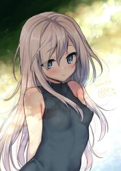 Rule 34 | 1girl, arms behind back, bare shoulders, blue eyes, blush, breasts, closed mouth, commentary request, covered erect nipples, covered navel, eyes visible through hair, hair between eyes, highres, kantai collection, light smile, long hair, looking at viewer, sasachin (k+w), skin tight, sleeveless, small breasts, smile, solo, swimsuit, u-511 (kancolle), white hair