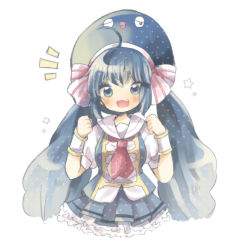 Rule 34 | 1girl, :3, :d, ahoge, animal hat, blue eyes, blue hair, blue hat, bow, clenched hand, commentary, eel hat, fang, frilled skirt, frills, gradient hair, hair bow, hands up, hat, layered skirt, long hair, multicolored hair, neckerchief, notice lines, one eye closed, open mouth, otomachi una, otomachi una (sugar), pleated skirt, polka dot, puffy short sleeves, puffy sleeves, red neckerchief, sailor collar, short sleeves, sidelocks, simple background, skirt, smile, solo, star (symbol), striped, striped bow, suina shie, treble clef, twintails, upper body, very long hair, vocaloid, white background, white bow, white sailor collar, wrist cuffs