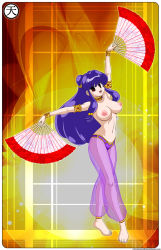 Rule 34 | 1girl, arabian clothes, barefoot, bracelet, breasts, brown eyes, cleavage, double bun, hand fan, feet, female focus, full body, happy, highres, jewelry, large breasts, long hair, nipples, no bra, open mouth, purple hair, ranma 1/2, shampoo (ranma 1/2), solo, tagme, tenzen, topless, underwear
