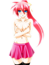 Rule 34 | 1girl, black thighhighs, blue eyes, blush, breasts, covering privates, covering breasts, engo (aquawatery), hair ribbon, large breasts, long hair, lyrical nanoha, mahou shoujo lyrical nanoha, mahou shoujo lyrical nanoha a&#039;s, navel, pink hair, ponytail, ribbon, signum, skirt, solo, tears, thighhighs, topless