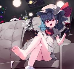 Rule 34 | :d, ascot, ass, barefoot, bat wings, black gloves, blush, buttons, cigarette, collared dress, couch, crystal, cup, dress, drinking glass, feet, flandre scarlet, gloves, hat, highres, holding, holding cigarette, holding cup, light purple hair, looking at viewer, mob cap, nail polish, open mouth, pink dress, pink headwear, puffy short sleeves, puffy sleeves, red ascot, red eyes, red nails, remilia scarlet, short hair, short sleeves, sitting, smile, smoke, smoking, sseopik, teeth, thighs, toenail polish, toenails, touhou, upper teeth only, wine glass, wing collar, wings