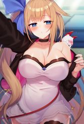 Rule 34 | 1girl, blue bow, blue eyes, blush, bow, breasts, brown hair, choker, cleavage, commission, dress, fal (girls&#039; frontline), ferret, girls&#039; frontline, highres, huge breasts, jacket, kinsenka momi, long hair, looking at viewer, parted lips, reaching, reaching towards viewer, ribbon, side ponytail, skeb commission, solo, thighhighs, very long hair