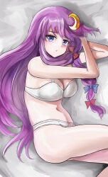 Rule 34 | 1girl, blue bow, bow, bra, breasts, cleavage, crescent, crescent hair ornament, hair bow, hair ornament, highres, long hair, looking at viewer, lying, multiple hair bows, namiki (remiter00), on side, panties, patchouli knowledge, purple eyes, purple hair, red bow, solo, touhou, underwear, underwear only, white bra, white panties