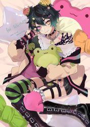 Rule 34 | 1girl, absurdres, asymmetrical legwear, black hair, black nails, blue hair, chain, collar, colored tips, double bun, fingerless gloves, flower, frog, full body, gloves, goth fashion, hair bun, hair flower, hair ornament, hairclip, heterochromia, highres, hugging object, indie virtual youtuber, lilith (vtuber), looking at viewer, looking up, lying, multicolored hair, nail polish, pale skin, pillow, potti-p, purple eyes, solo, spiked collar, spikes, striped clothes, striped gloves, striped thighhighs, stuffed toy, thighhighs, virtual youtuber, yellow eyes