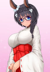 Rule 34 | 1girl, alternate costume, animal ears, black-framed eyewear, black hair, blush, braid, braided ponytail, breasts, closed mouth, commentary request, crown braid, earrings, gradient background, hakama, highres, horse ears, horse girl, japanese clothes, jewelry, large breasts, long hair, long sleeves, looking at viewer, m172/minatsu, miko, red hakama, smile, solo, umamusume, upper body, wide sleeves, zenno rob roy (umamusume)