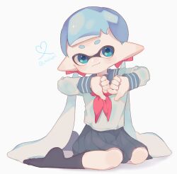 1girl :3 aqua_eyes aqua_hair black_skirt black_socks bow full_body hands_up head_tilt highres inkling inkling_girl inkling_player_character long_hair long_sleeves looking_at_viewer nintendo on_floor pointy_ears red_ribbon ribbon sabata_saba sailor_collar school_uniform shirt simple_background sitting skirt socks splatoon_(series) tentacle_hair very_long_hair white_background white_shirt