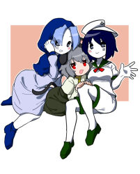 Rule 34 | 3girls, anchor symbol, animal ears, black eyes, blue dress, blue footwear, blue hair, blue hood, blush, breasts, capelet, closed mouth, colored skin, commentary request, cookie (touhou), dress, eyes visible through hair, flour (cookie), full body, green footwear, green sailor collar, grey hair, grey skirt, grey vest, hat, highres, hood, hood up, kakusou, kumoi ichirin, layered clothes, loafers, long sleeves, looking at viewer, medium bangs, medium breasts, milk (cookie), mouse ears, mouse girl, mouse tail, multiple girls, murasa minamitsu, nazrin, nyon (cookie), open mouth, pink background, red eyes, sailor collar, sailor hat, sailor shirt, shirt, shoes, short hair, shorts, sideways hat, simple background, skirt, skirt set, smile, tail, touhou, two-tone background, vest, waving, white background, white capelet, white headwear, white shirt, white shorts, white skin