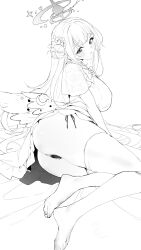 Rule 34 | 1girl, absurdres, ass, blue archive, blush, breasts, commentary, dress, eyelashes, feathered wings, flower, greyscale, hair bun, hair flower, hair ornament, halo, highres, large breasts, long hair, looking at viewer, low wings, mika (blue archive), monochrome, panties, parted lips, partially visible vulva, remora180, side-tie panties, simple background, single side bun, solo, thighhighs, underwear, very long hair, wing ornament, wings