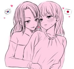 2girls aira_(endless5515) blush closed_mouth commentary_request heart japan-korea_yuri_(meme) japanese_flag long_hair long_sleeves looking_at_another meme monochrome multiple_girls original pink_theme shirt smile south_korean_flag upper_body white_background yuri