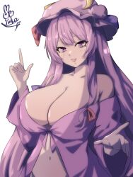 Rule 34 | 1girl, bat wings, breasts, cleavage, collarbone, crescent, crescent hat ornament, hat, hat ornament, highres, large breasts, long hair, mob cap, navel, open clothes, open mouth, patchouli knowledge, pointing, pointing up, purple eyes, purple hair, smile, solo, tokoyuka th, touhou, wings