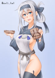 Rule 34 | 1girl, ainu clothes, anti (untea9), bandana, blue eyes, blue headband, breasts, commentary request, cowboy shot, cropped jacket, folded ponytail, headband, highres, kamoi (kancolle), kantai collection, leg wrap, looking at viewer, pelvic curtain, sideboob, sidelocks, solo, thick eyebrows, thighhighs, white hair, wrist guards