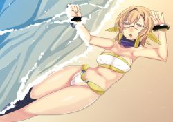 Rule 34 | 1girl, absurdres, armpits, beach, bikini, brown hair, character request, elf, female focus, glasses, highres, kyoukaisenjou no horizon, lying, on back, open mouth, pointy ears, ryou homare, sand, solo, swimsuit, water