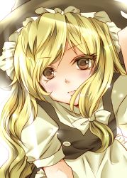 Rule 34 | 1girl, black dress, blonde hair, dress, frills, hair ribbon, hat, highres, kirisame marisa, long hair, looking at viewer, out of frame, parted lips, puffy short sleeves, puffy sleeves, ribbon, ruu (nnhaao), short sleeves, solo, touhou, tress ribbon, wavy hair, witch hat, yellow eyes