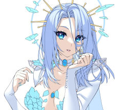 Rule 34 | blue choker, blue eyes, blue hair, blue nails, breasts, choker, cleavage, collarbone, commentary, english commentary, hair between eyes, indie virtual youtuber, kira yukishiro, looking at viewer, medium breasts, monarch (amalee), nail polish, portrait, sleeves past wrists, solo, unfinished, virtual youtuber, white background