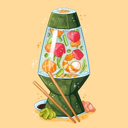 Rule 34 | artist name, charongess, chopsticks, food, lava lamp, makizushi, no humans, orange background, original, shrimp, simple background, soy sauce, sushi, wasabi