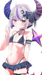 Rule 34 | 1girl, absurdres, ahoge, arm behind back, arm strap, bare shoulders, bikini, black choker, blush, chain, choker, collarbone, cowboy shot, crescent, crescent hair ornament, demon horns, diamond hair ornament, earrings, flat chest, frilled bikini, frills, hair ornament, halterneck, hand up, highres, hololive, horns, jewelry, la+ darknesss, looking at viewer, navel, o-ring, o-ring choker, playing with own hair, pointy ears, purple hair, short hair, slit pupils, star (symbol), star sticker, stomach, stoppettanhate, string bikini, stud earrings, swimsuit, virtual youtuber, white background, yellow eyes
