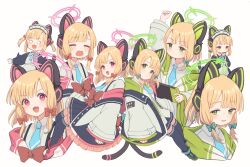Rule 34 | 2girls, alternate costume, animal ear headphones, animal ears, aqua bow, aqua necktie, arm up, black skirt, black thighhighs, blonde hair, blue archive, bow, cat tail, closed mouth, collared shirt, commentary request, crying, fake animal ears, green halo, hair bow, halo, headphones, highres, long sleeves, maid, maid headdress, marekamico, midori (blue archive), midori (maid) (blue archive), momoi (blue archive), momoi (maid) (blue archive), multiple girls, necktie, o o, open mouth, pink halo, red bow, shirt, short hair, siblings, simple background, sisters, skirt, smile, tail, thighhighs, twins, white background, white shirt, wide sleeves