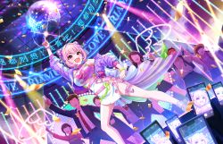 Rule 34 | ahoge, apron, arm up, belt, blue hair, blue jacket, breasts, cellphone, character name, confetti, disco ball, dot nose, double bun, dress, english text, faceless, faceless female, faceless male, hair bun, hair intakes, hat, holding, holding phone, idolmaster, idolmaster cinderella girls, idolmaster cinderella girls starlight stage, index finger raised, indoors, jacket, large breasts, leaning to the side, looking to the side, multicolored hair, necktie, o-ring, official alternate costume, official art, open clothes, open jacket, open mouth, pants, phone, pink hair, saturday night fever, sleeveless, sleeveless dress, smartphone, smile, standing, thighs, two-tone hair, white dress, yumemi riamu