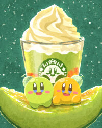 Rule 34 | alternate color, blush stickers, coffee, colored skin, cup, drink, drinking glass, food, food focus, frappuccino, fruit, green background, green skin, happy, highres, kirby, kirby (series), logo parody, looking at viewer, melon, melon slice, miclot, nintendo, open mouth, smile, starbucks, whipped cream, yellow skin