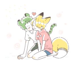 Rule 34 | 2boys, :3, aged down, animal ears, between legs, black shorts, blonde hair, blue shorts, blush, closed eyes, commentary, curly eyebrows, fox boy, fox ears, fox tail, full body, green hair, hair over one eye, hand between legs, hand on another&#039;s back, hand on ground, heart, hood, hoodie, kiss, kissing cheek, long bangs, male focus, mob0322, multiple boys, one piece, open mouth, pink hoodie, roronoa zoro, sanji (one piece), shirt, short hair, short sleeves, shorts, simple background, sitting, smile, squiggle, striped tail, tail, tiger boy, tiger ears, tiger tail, v-shaped eyebrows, wariza, white background, white shirt, yaoi