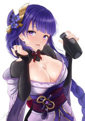 Rule 34 | 1girl, absurdres, blunt bangs, blurry, blurry background, bottle, breasts, bridal gauntlets, chernyyvo, cleavage, commentary, english commentary, genshin impact, hair ornament, highres, holding, holding bottle, japanese clothes, kimono, large breasts, long braid, looking to the side, mole, mole under eye, obi, purple eyes, purple hair, purple kimono, raiden shogun, sake bottle, sash, simple background, solo, suggestive fluid, tongue, tongue out, upper body, vision (genshin impact), wet, white background
