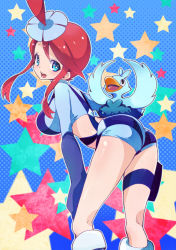 Rule 34 | 10s, 1girl, ass, blue eyes, boots, breasts, chorimokki, creatures (company), ducklett, game freak, gen 5 pokemon, gloves, gym leader, hair bun, hair ornament, large breasts, long hair, looking at viewer, looking back, midriff, nintendo, overalls, poke ball, pokemon, pokemon (creature), pokemon bw, red hair, short shorts, shorts, single hair bun, skyla (pokemon), smile
