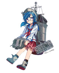 Rule 34 | 1girl, :o, black-framed eyewear, black socks, blue sailor collar, cannon, character request, commentary request, full body, glasses, grey footwear, grey headwear, highres, holding, long hair, looking at viewer, machinery, neckerchief, parted lips, pleated skirt, purple eyes, red neckerchief, red skirt, sailor collar, shiratori (jun siratori), shirt, shoes, simple background, skirt, socks, solo, thick eyebrows, turret, twitter username, warship girls r, white background, white shirt