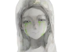Rule 34 | 1girl, breedo, closed mouth, commentary, crying, highres, looking at viewer, moss, original, portrait, simple background, smile, solo, statue, straight-on, white background