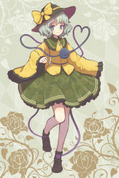 Rule 34 | 1girl, aoyagi neko, bow, floral print, flower, grey eyes, hat, hat bow, heart, heart of string, highres, komeiji koishi, long sleeves, looking at viewer, md5 mismatch, plant, rose, shirt, silver hair, skirt, smile, solo, standing, standing on one leg, third eye, touhou, vines, wide sleeves