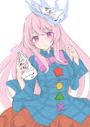 Rule 34 | 0002koko, 1girl, absurdres, artist name, blue shirt, bow, expressionless, fox mask, hata no kokoro, highres, long sleeves, looking at viewer, mask, mask on head, orange skirt, pink bow, pink eyes, pink hair, puffy long sleeves, puffy sleeves, shirt, simple background, skirt, solo, touhou, white background
