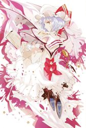 Rule 34 | 1girl, adapted costume, arm strap, bat wings, blue hair, book, dress, hat, hat ribbon, high heels, kyer, looking at viewer, looking back, mob cap, pocket watch, red eyes, remilia scarlet, ribbon, solo, teapot, touhou, watch, white dress, wings