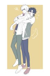 Rule 34 | 2boys, absurdres, annoyed, black hair, black shirt, blue eyes, blue pants, blush, border, cheng xiaoshi, commentary request, dog tail, green jacket, green pants, happy, highres, hug, hug from behind, jacket, lifting person, long sleeves, looking at another, lu guang, male focus, midriff peek, mr yheu, multiple boys, open clothes, open mouth, open shirt, outside border, pants, shiguang dailiren, shirt, shoes, short hair, simple background, smile, standing, star (symbol), sweatdrop, tail, tail wagging, white border, white footwear, white hair, white jacket, white shirt, yellow background, yellow eyes