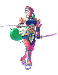 Rule 34 | 1girl, adapted costume, android, armor, bare shoulders, blue eyes, boots, breasts, capcom, choker, commentary request, crossover, dual wielding, tooth necklace, fishnets, full body, goggles, goggles on headwear, green hair, hair between eyes, hat, highres, holding, holding weapon, hudy8358, jewelry, joints, katana, large breasts, long hair, marino (mega man), mega man (series), mega man x: command mission, mega man x (series), midriff, mizutsune (armor), monster hunter (series), monster hunter xx, nargacuga (armor), navel, necklace, robot joints, simple background, solo, standing, sword, very long hair, weapon
