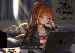 Rule 34 | 2girls, adidas, ahoge, alternate costume, alternate hairstyle, amane kanata, angel, asacoco, at computer, bed, black bow, black jacket, blonde hair, blue hair, blunt bangs, blush, bow, bowtie, closed eyes, closed mouth, clothes writing, collarbone, colored inner hair, commentary request, computer, curtains, doukyo&#039;s, dragon girl, dragon horns, fang, gradient eyes, hair ornament, halo, head on hand, head rest, highres, hololive, horn bow, horn ornament, horns, indoors, jacket, jewelry, kiryu coco, laptop, light rays, long hair, matching ring, medium hair, mouse (computer), multicolored bow, multicolored eyes, multicolored hair, multiple girls, open clothes, open jacket, orange hair, pajamas, parted lips, pillow, pointy ears, poster (object), purple eyes, red eyes, ring, silver hair, sitting, skin fang, sleeping, streaked hair, striped, sunbeam, sunlight, track jacket, under covers, virtual youtuber, white bow, xun (xun124c41)