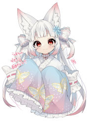 Rule 34 | 1girl, animal ear fluff, animal ears, blush, bow, closed mouth, commentary request, copyright request, cropped torso, frilled sleeves, frills, gradient hair, hair bow, hands up, highres, japanese clothes, kimono, long hair, long sleeves, looking at viewer, multicolored hair, nachiru, red eyes, red hair, silver hair, simple background, sleeves past fingers, sleeves past wrists, smile, solo, translation request, upper body, very long hair, virtual youtuber, white background, white bow, white kimono
