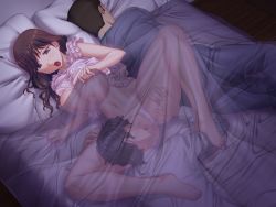 Rule 34 | 1girl, barefoot, bed, bedroom, black hair, blue eyes, bra, bra lift, breasts, brown hair, censored, character request, cheating (relationship), chigasaki anzu, clothing aside, cunnilingus, feet, game cg, indoors, large breasts, legs, licking, lingerie, long hair, looking down, lying, mosaic censoring, navel, netorare, nightgown, nightgown lift, nipples, okiyumi kase, on back, on bed, on side, open mouth, oral, panties, panties aside, pillow, pussy, sarasare tsuma, short hair, sleeping, spread legs, stealth sex, thighs, toes, under covers, underwear, x-ray