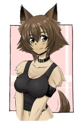 Rule 34 | 10s, 1girl, animal ears, artist request, breasts squeezed together, breasts, brown hair, collar, dog ears, dog girl, dog tail, fang, furry, furry female, green eyes, monster girl, monster musume no iru nichijou, navel, polt, smile, solo, tail, tail wagging, tokuma shoten, upper body