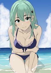 1girl absurdres beach bikini blue_bikini blue_sky bone_namu(namu49850) breasts cleavage cloud day frilled_bikini frills front-tie_bikini_top front-tie_top green_eyes green_hair hair_ornament hairclip highres horizon kantai_collection long_hair medium_breasts ocean outdoors side-tie_bikini_bottom sky solo suzuya_(kancolle) swimsuit