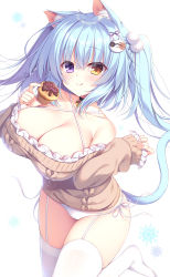 Rule 34 | 1girl, :q, animal ear fluff, animal ears, aran sweater, bare shoulders, blue hair, blush, breasts, brown sweater, cable knit, cat ears, cat girl, cat tail, choker, cleavage, cupcake, food, frilled sweater, hair between eyes, hair ornament, heart, heart choker, heterochromia, highres, holding, holding food, large breasts, leg up, long hair, long sleeves, looking at viewer, off-shoulder sweater, off shoulder, original, panties, purple eyes, side-tie panties, simple background, sleeves past wrists, smile, solo, sweater, tail, thighhighs, tongue, tongue out, twintails, underwear, very long hair, white background, white panties, white thighhighs, yatanukikey, yellow eyes