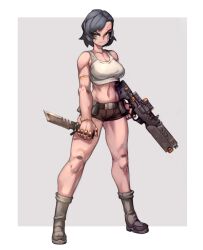 Rule 34 | 1girl, ammunition pouch, assault rifle, belt, black hair, boots, cyborg, dual wielding, frown, grey eyes, gun, highres, holding, kelvin hiu, knife, looking at viewer, multicolored eyes, optical sight, original, pouch, prosthesis, rifle, short hair, shorts, solo, weapon, yellow eyes